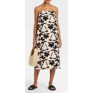 a New Day S XS Linen Blend Blk/Ivory Floral Print Midi Dress Adjustable Strap